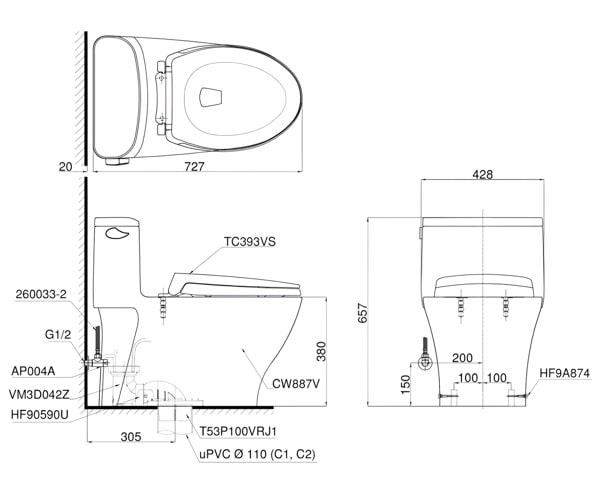 Bản vẽ bàn cầu một khối khối MS887RT2 nắp đóng êm TC393VS
