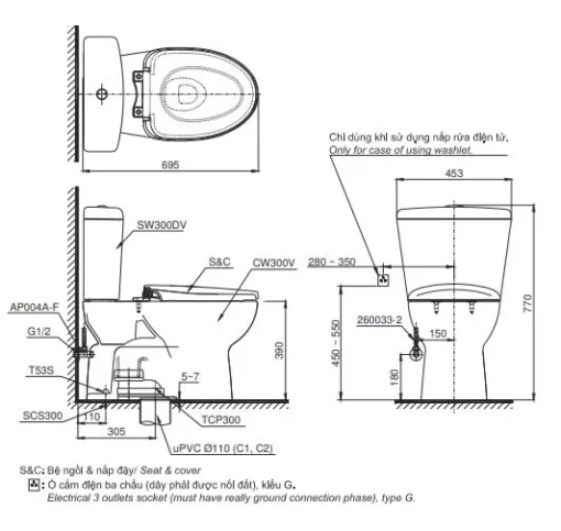 Bản vẽ 2D bàn cầu nhà vệ sinh hai khối CS300DT3Y1