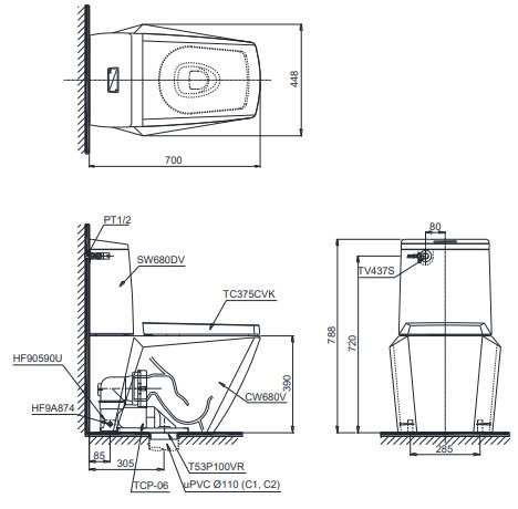 Bản Vẽ 2D Bàn Cầu Hai Khối CS680DT4