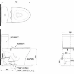 Bản vẽ 2D của bệ vệ sinh hai khối CS769DRT8 cao cấp, nắp rửa đóng êm