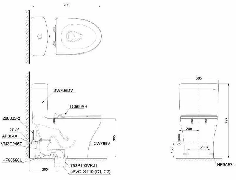 Bản vẽ 2D của bệ vệ sinh hai khối CS769DRT8 cao cấp, nắp rửa đóng êm