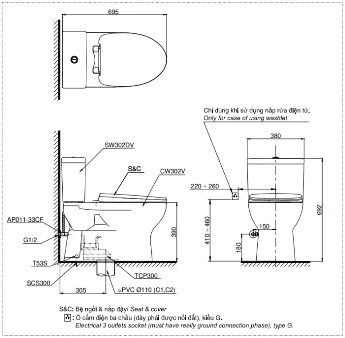 Bản vẽ bồn cầu TOTO CS302DT10