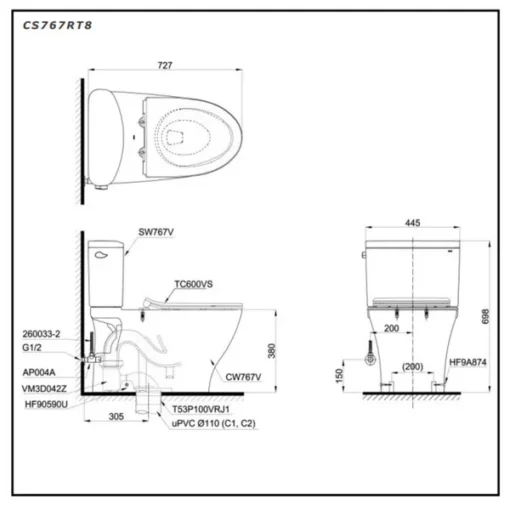 Bản vẽ kỹ thuật 2D bàn cầu CS767RT8XW