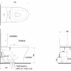 Bản vẽ 2D của bệ vệ sinh hai khối CS769DRT3 cao cấp, nắp rửa đóng êm