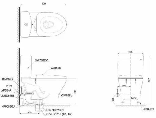 Bản vẽ 2D của bệ vệ sinh hai khối CS769DRT3 cao cấp, nắp rửa đóng êm