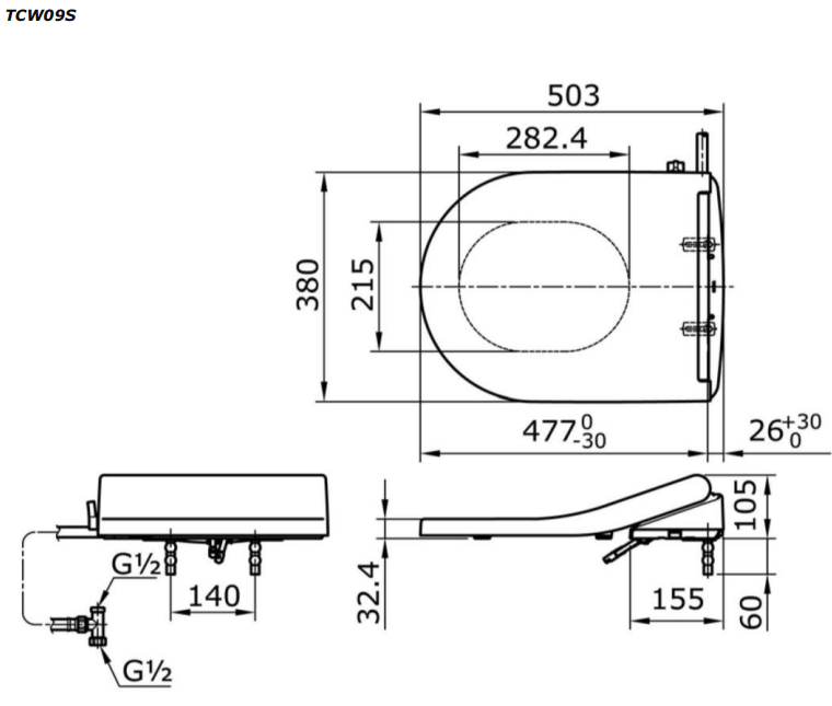 Bản vẽ kỹ thuật của Nắp rửa cơ TOTO TCW09SW