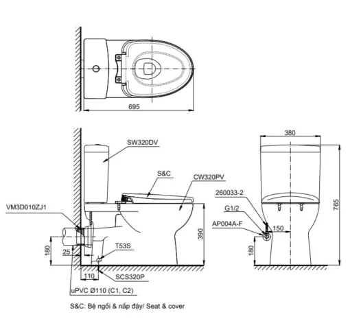 Bản Vẽ Bàn Cầu Hai Khối CS320PDRT3