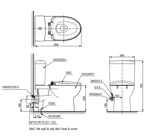 Hình Vẽ Bàn Cầu Hai Khối CS320PDRT3