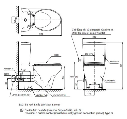 Bản vẽ bàn cầu hai khối CS945PDT10