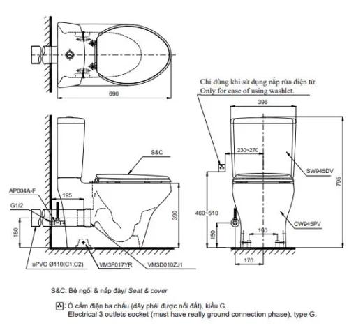 Bản Vẽ 2D Bàn Cầu Hai Khối CS945PDT10