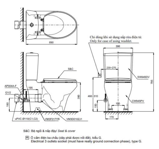 Bản Vẽ 2D Bàn Cầu Hai Khối CS945PDT8