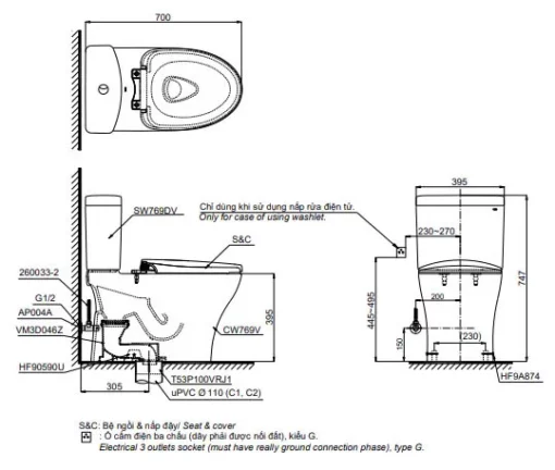 Bản vẽ 2d bàn cầu hai khối CS735DT10