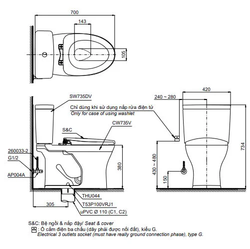 Bản vẽ 2D bàn cầu hai khối CS735DT3