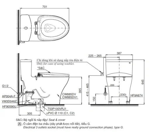 Bản Vẽ 2D Bàn Cầu 1 Khối MS885DE2