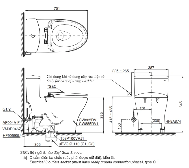 Bản Vẽ 2D Bàn Cầu 1 Khối MS885DE2