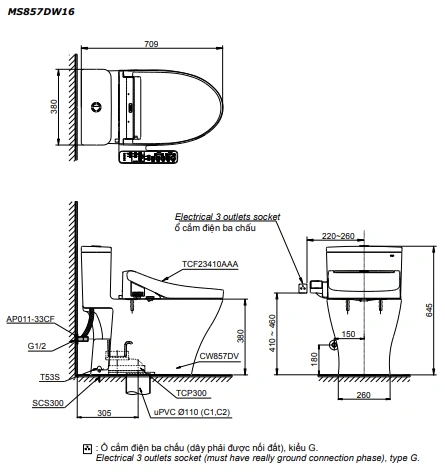 Bản Vẽ 2D Bồn Cầu Nắp Rửa Điện Tử MS857DW16