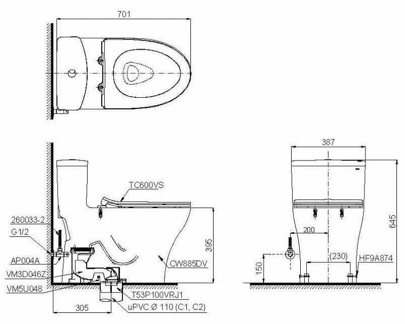 Bản Vẽ 2D Bàn Cầu 1 Khối MS885DT8