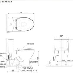 Bản vẽ 2D bồn cầu một khối MS889DRT2 nắp đóng êm TC393V