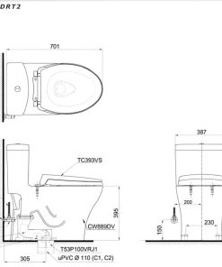 Bản vẽ 2D bồn cầu một khối MS889DRT2 nắp đóng êm TC393V