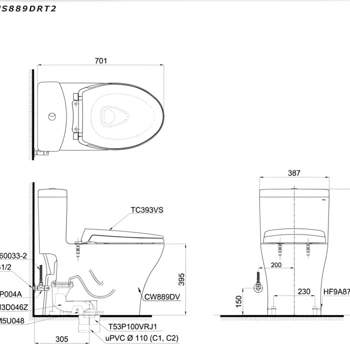 Bản vẽ 2D bồn cầu một khối MS889DRT2 nắp đóng êm TC393V