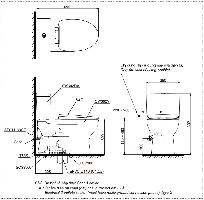 Bản vẽ bồn cầu TOTO CS302DT10