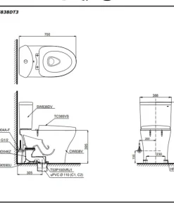 Bản vẽ kỹ thuật 2D bàn cầu hai khối CS838DT3XW