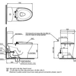Chi tiết bản vẽ kỹ thuật của bàn cầu hai khối kèm nắp đóng êm CS986GT9