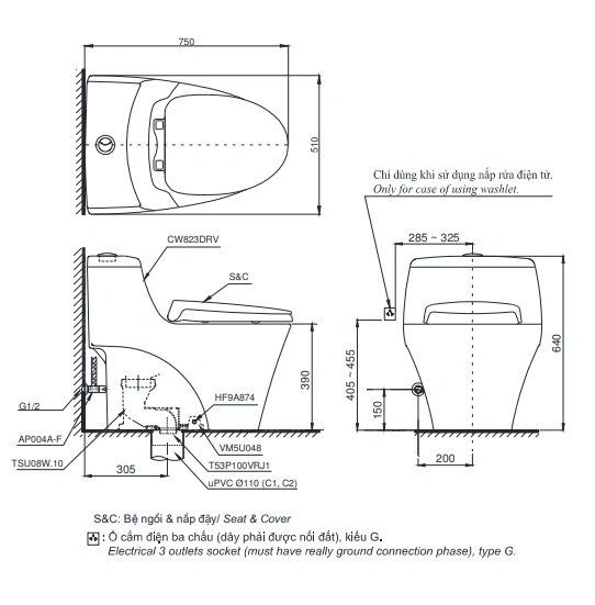Bản Vẽ 2D Bồn Cầu 1 Khối Nắp Đóng Êm MS823DRT8