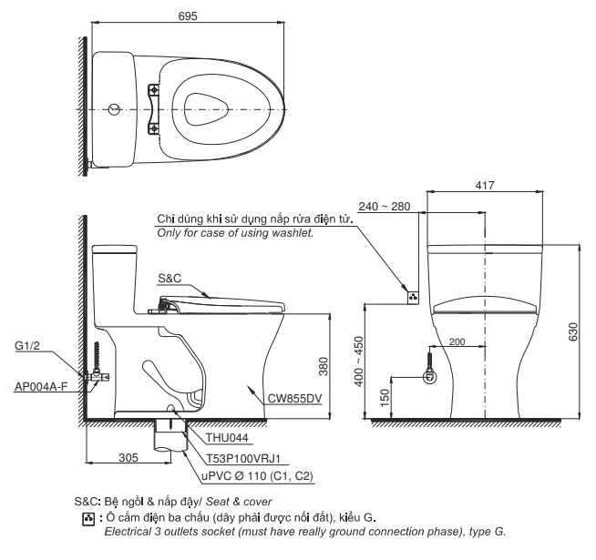 Bản Vẽ 2D Bàn Cầu 1 Khối MS855DE4