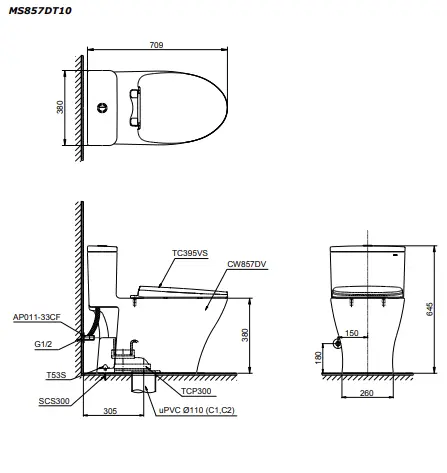 Bản Vẽ 2D Bàn Cầu 1 Khối MS857DT10
