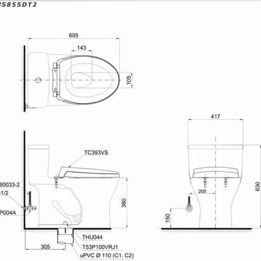 Bản vẽ 2D bồn cầu một khối MS855DT2 nắp đóng êm TC393VS