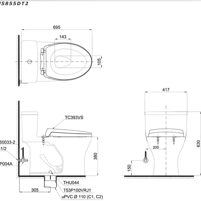 Bản vẽ 2D bồn cầu một khối MS855DT2 nắp đóng êm TC393VS