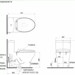 Bản vẽ 2D bồn cầu một khối MS889DRT2 nắp đóng êm TC393V