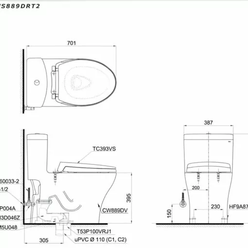 Bản vẽ 2D bồn cầu một khối MS889DRT2 nắp đóng êm TC393V