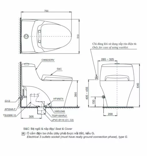Bản vẽ 2D bàn cầu một khối MS823DRT2
