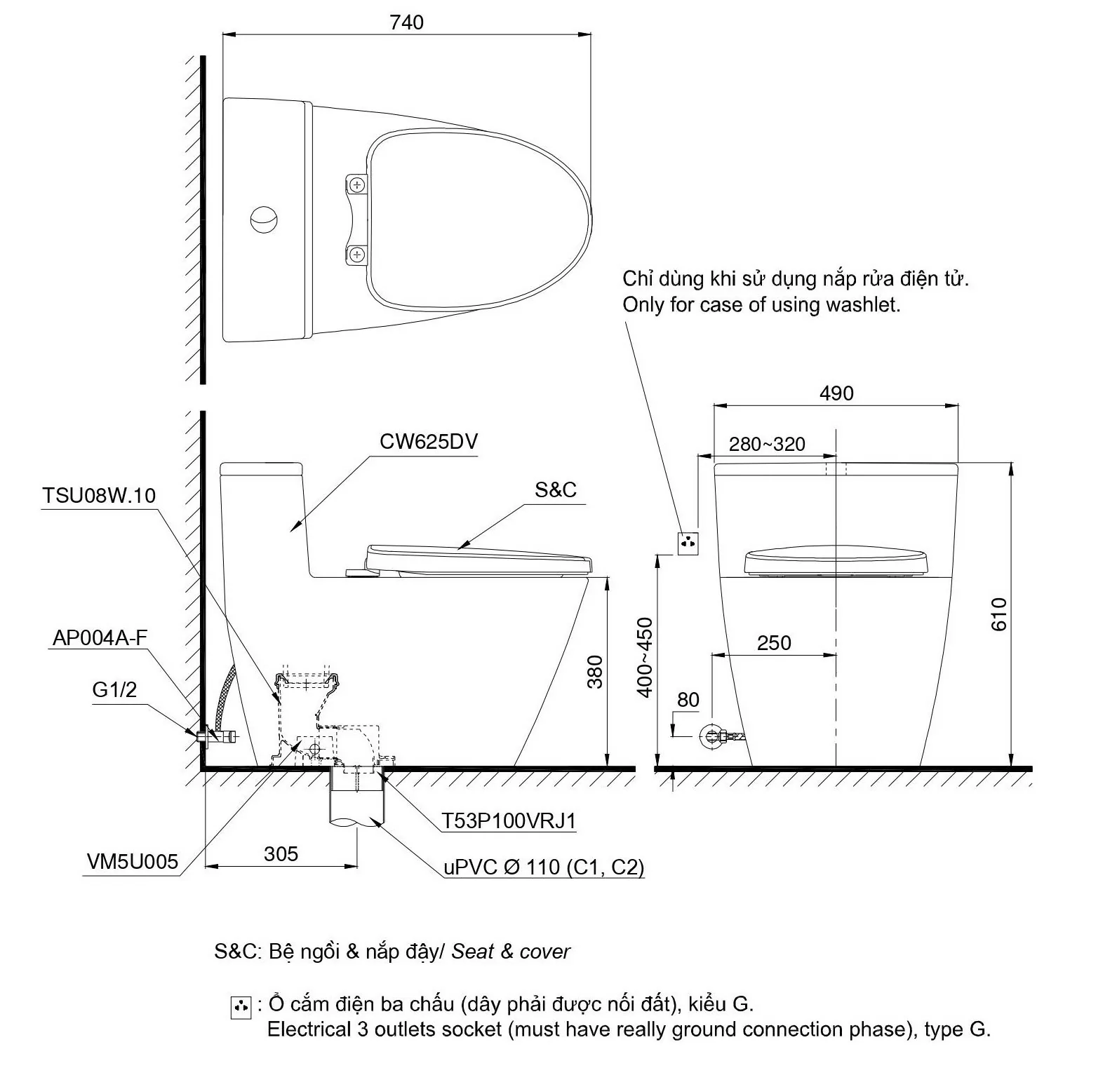 Bản vẽ Bàn cầu một khối MS625 kết hợp nắp đóng êm TC393VS