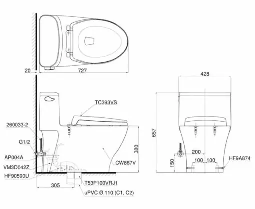 Bàn cầu một khối khối MS887RT2 nắp đóng êm TC393VS