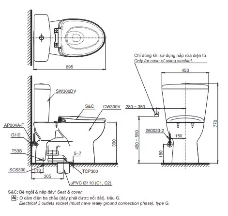 Bản vẽ 2D Bàn cầu nhà vệ sinh hai khối CS300DT3Y1