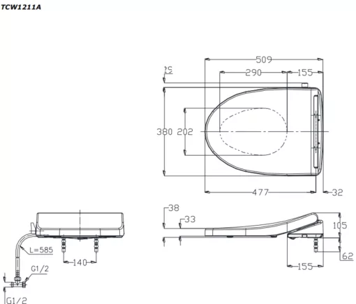 Bản vẽ kỹ thuật của Nắp rửa cơ TOTO TCW1211A