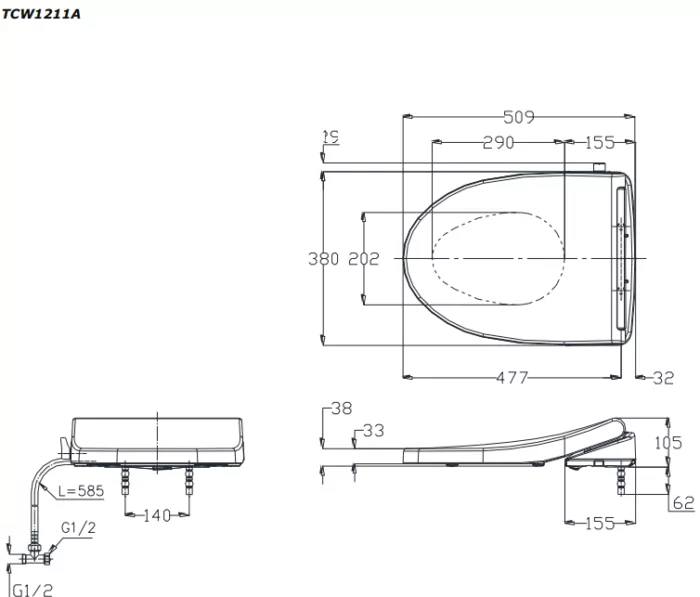 Bản vẽ kỹ thuật của Nắp rửa cơ TOTO TCW1211A