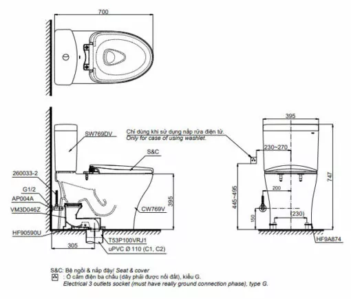 Bản vẽ 2D bàn cầu hai khối CS769DRT10