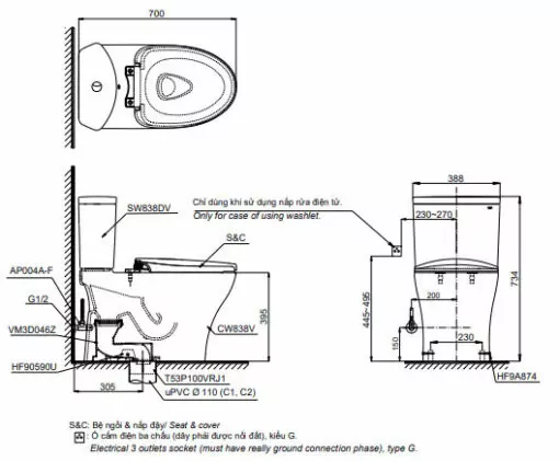 Bản vẽ 2D bàn cầu hai khối CS838DT10